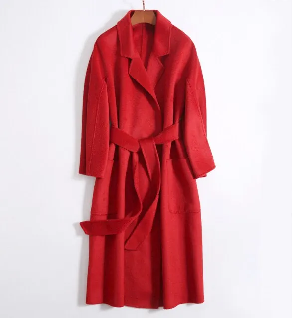 Women Belts Two Pockets Long Coat