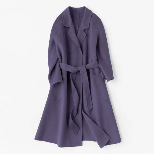 Women Belts Two Pockets Long Coat