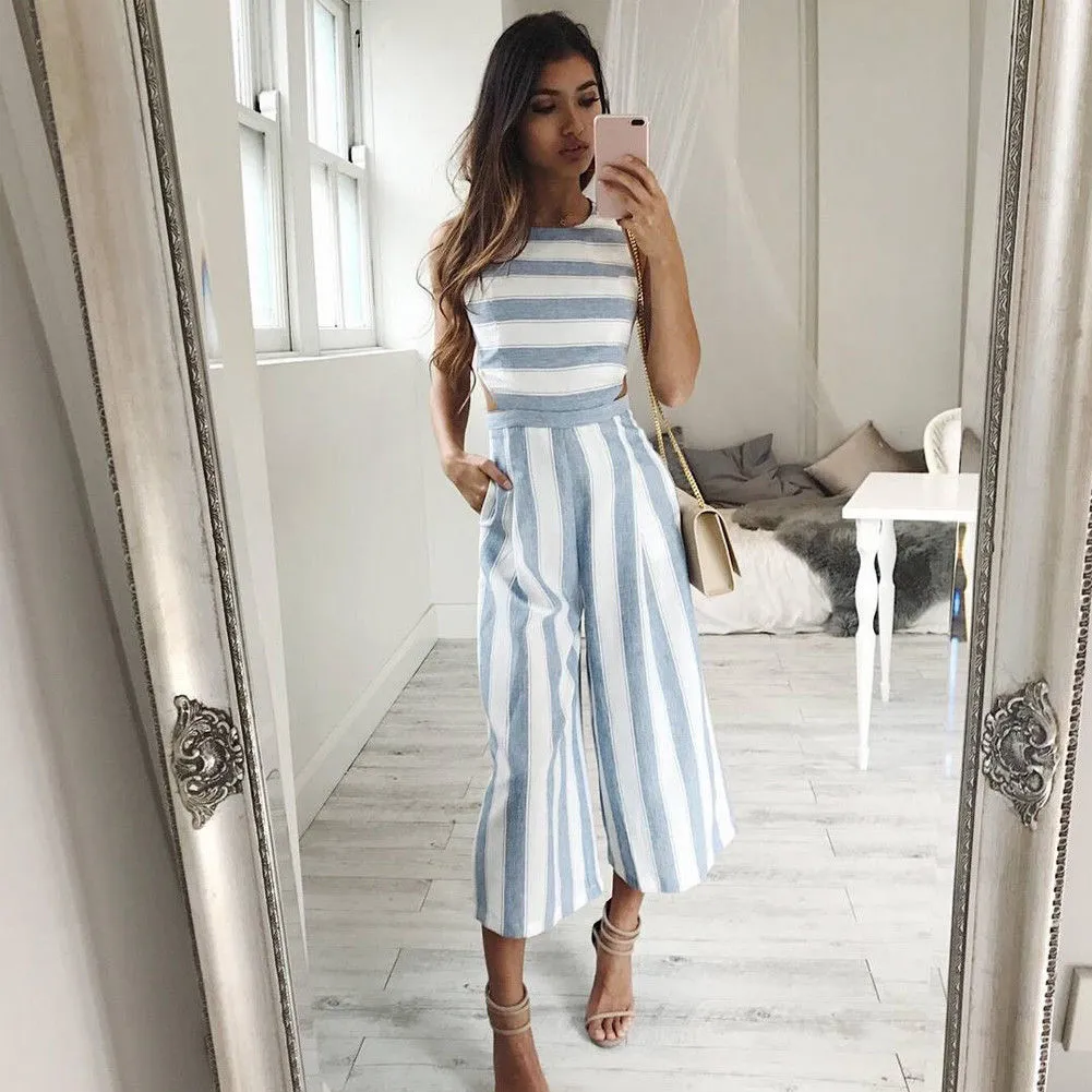 Women Casual Summer Striped Jumpsuit