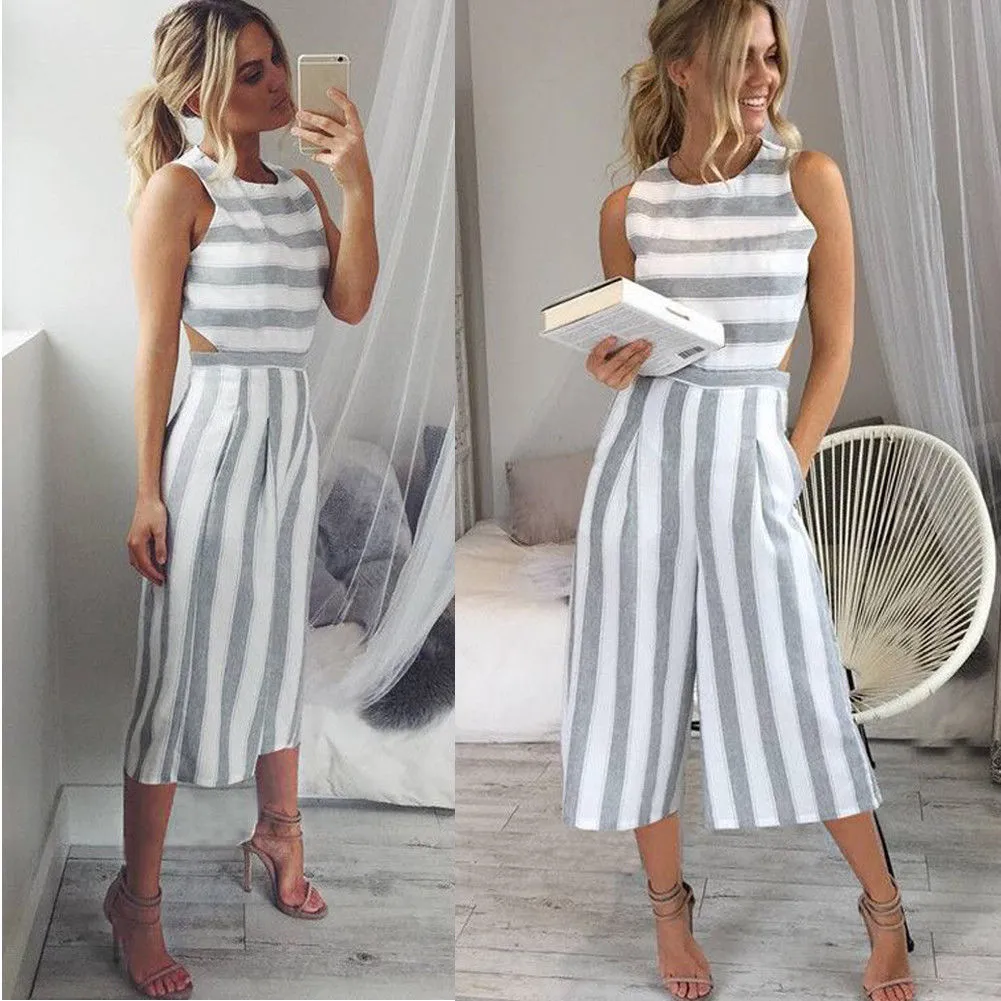 Women Casual Summer Striped Jumpsuit