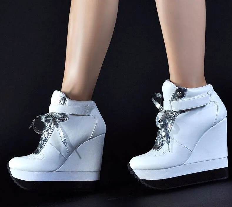 Women High Heels Platform Shoes Lace Up Ankle Strap Height Increase Women Wedge Sneakers Chaussure Femme