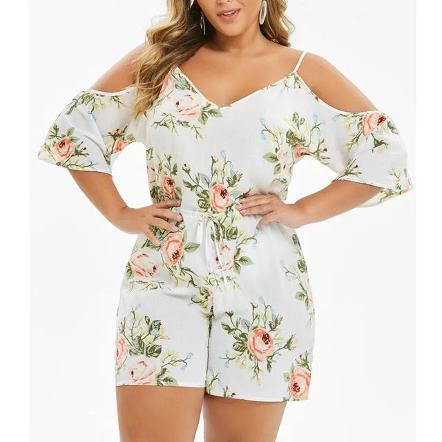 Women Rompers print V-Neck Jumpsuit Summer Short Sleeve Overalls Jumpsuit Female Plus Size Women Cold Shouder Bodysuit #618