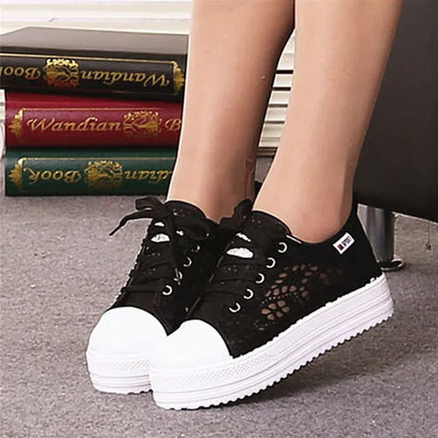 Women Shoes 2018 fashion summer casual Ladies Shoes cutouts lace canvas hollow breathable platform flat Shoes woman sneakers