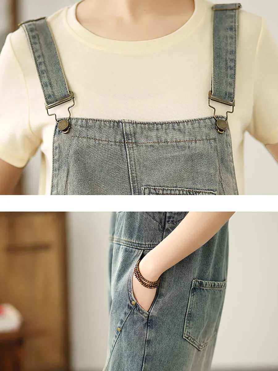 Women Summer Casual Pure Color Denim Straight Jumpsuits