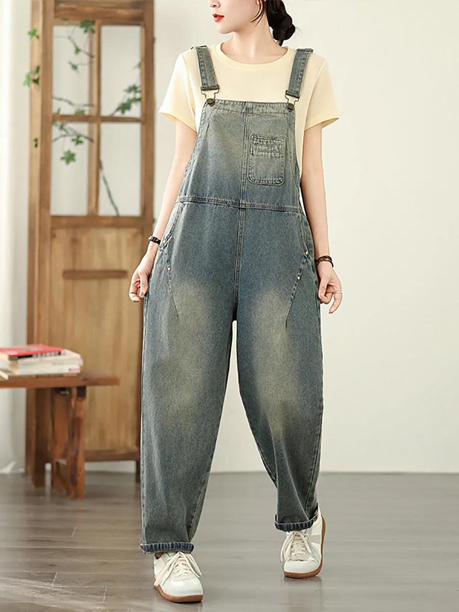 Women Summer Casual Pure Color Denim Straight Jumpsuits