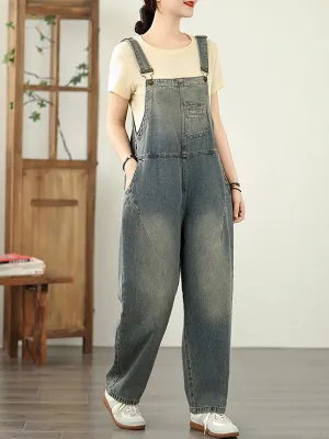 Women Summer Casual Pure Color Denim Straight Jumpsuits