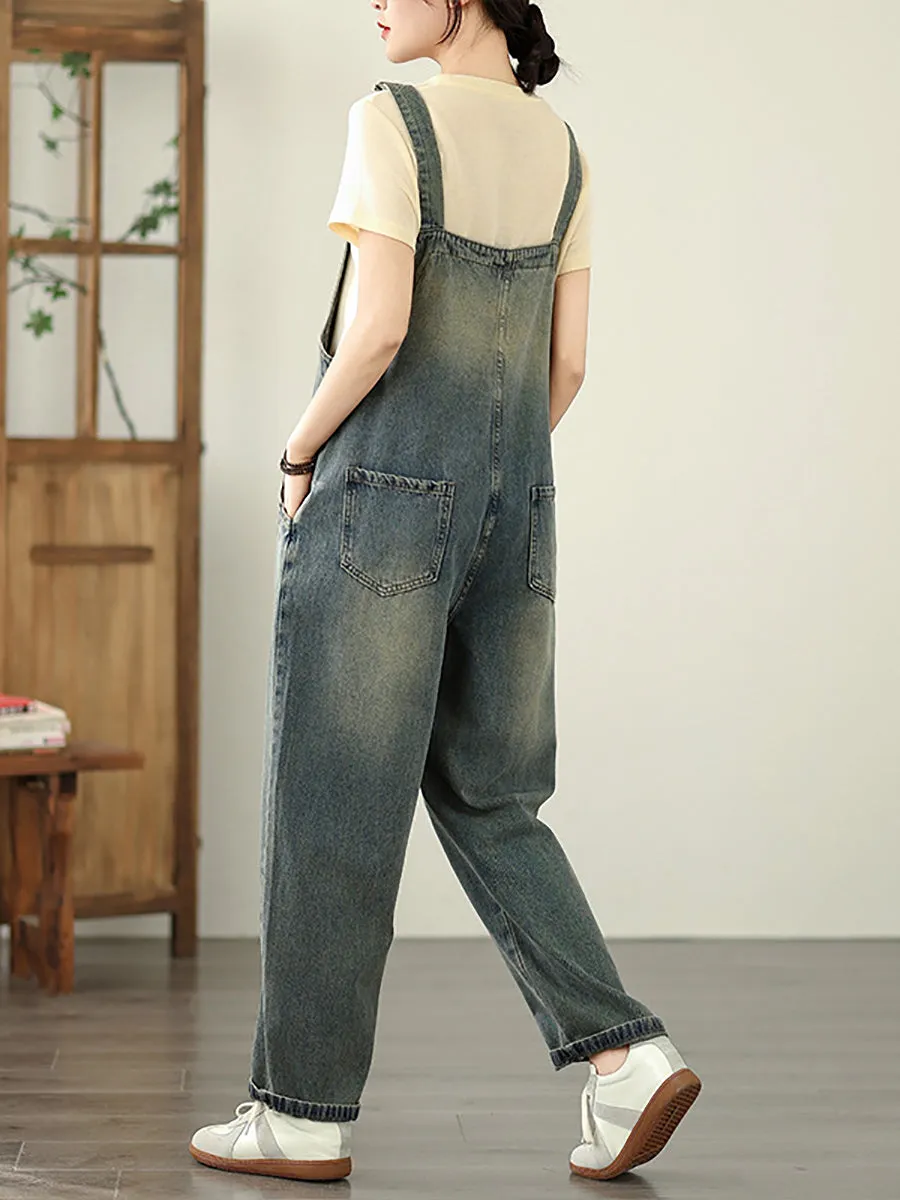 Women Summer Casual Pure Color Denim Straight Jumpsuits