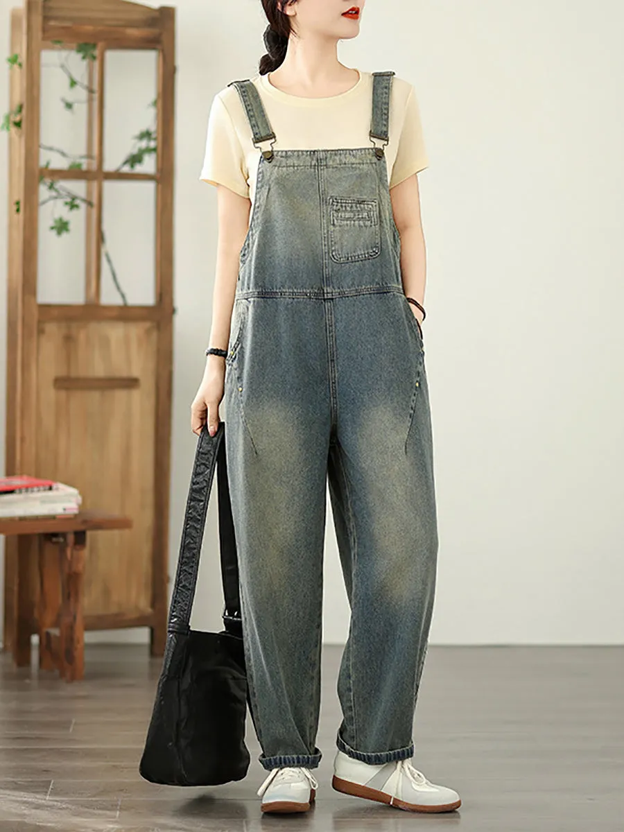 Women Summer Casual Pure Color Denim Straight Jumpsuits