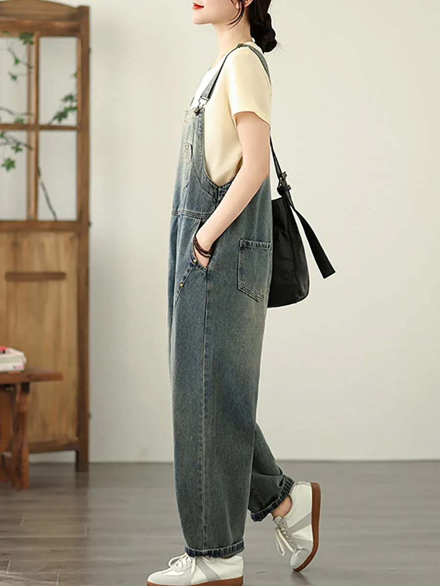 Women Summer Casual Pure Color Denim Straight Jumpsuits