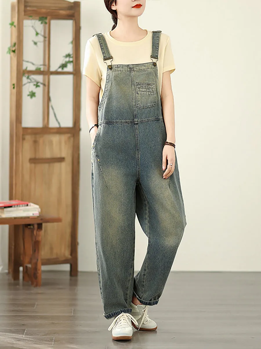 Women Summer Casual Pure Color Denim Straight Jumpsuits