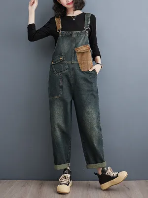 Women Vintage Colorblock Denim Loose Jumpsuits