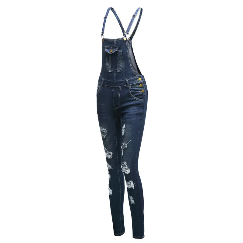 Women's Bib Overalls Jeans Sleeveless Ripped Denim Jumpsuit