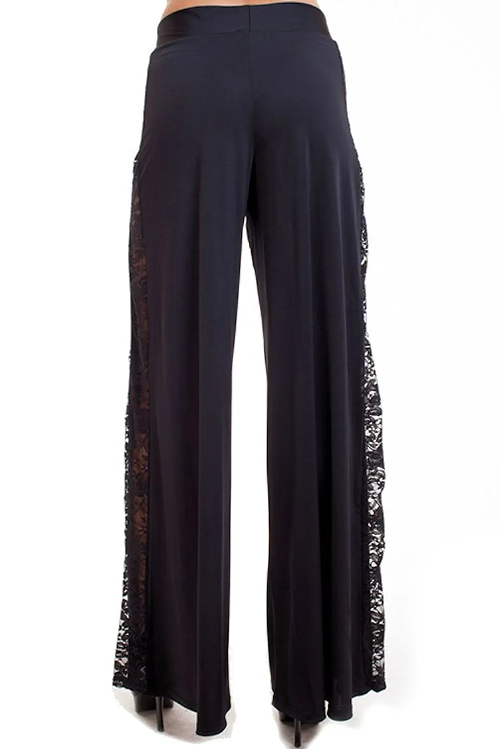 Women's Black High Waist Wide Leg Palazzo Pants with Lace Sides