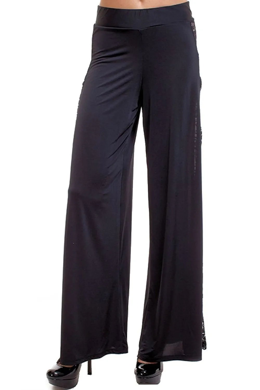 Women's Black High Waist Wide Leg Palazzo Pants with Lace Sides