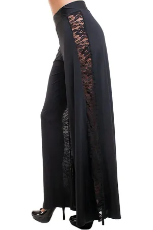 Women's Black High Waist Wide Leg Palazzo Pants with Lace Sides