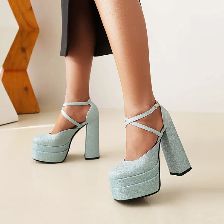 Women's Bling Bling Cross Ankle Strap Chunky Heel High Heels Platform Sandals