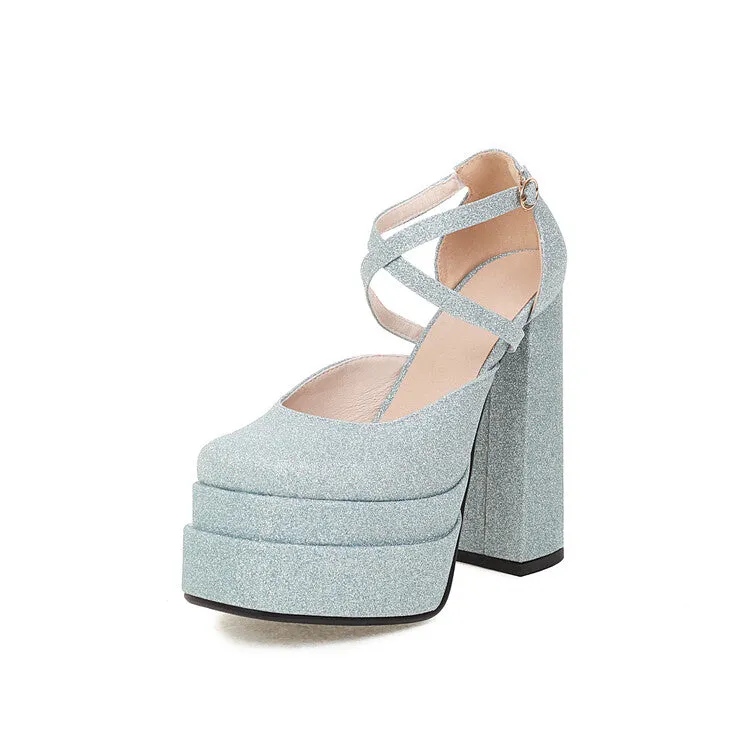 Women's Bling Bling Cross Ankle Strap Chunky Heel High Heels Platform Sandals