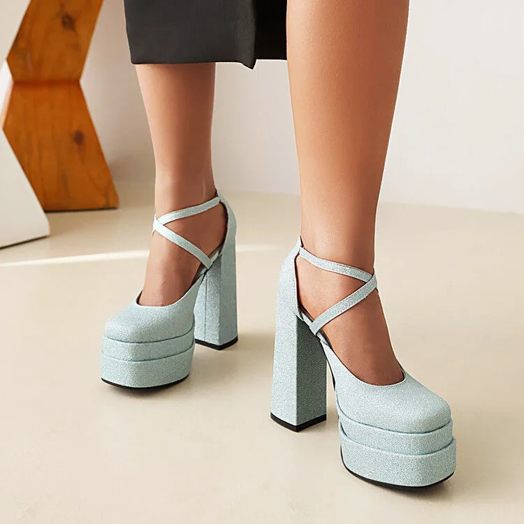 Women's Bling Bling Cross Ankle Strap Chunky Heel High Heels Platform Sandals