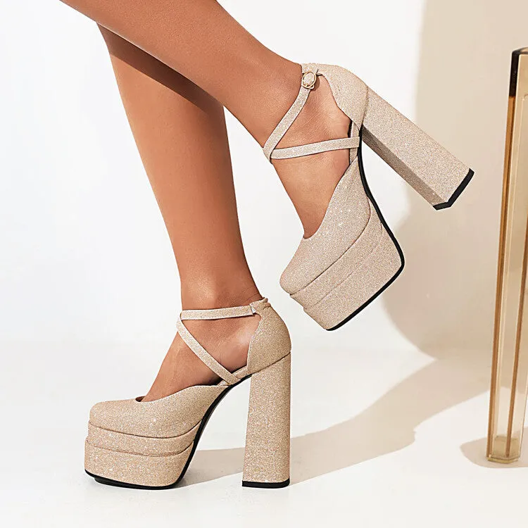 Women's Bling Bling Cross Ankle Strap Chunky Heel High Heels Platform Sandals
