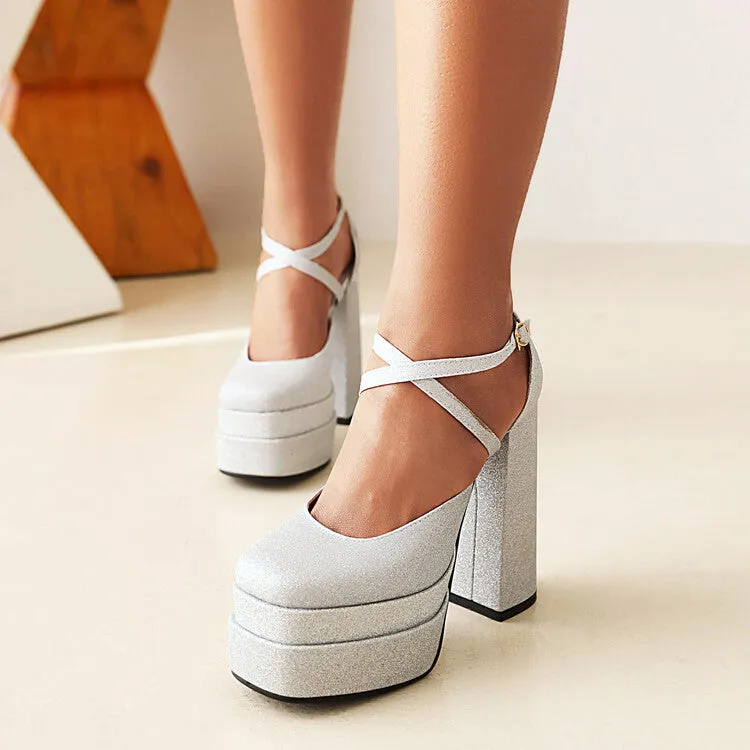 Women's Bling Bling Cross Ankle Strap Chunky Heel High Heels Platform Sandals