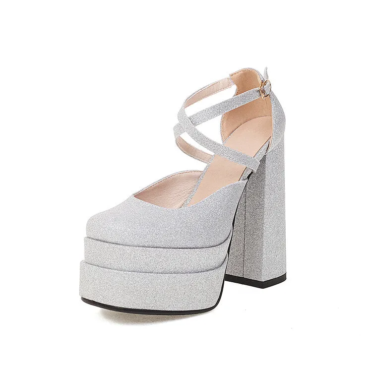 Women's Bling Bling Cross Ankle Strap Chunky Heel High Heels Platform Sandals