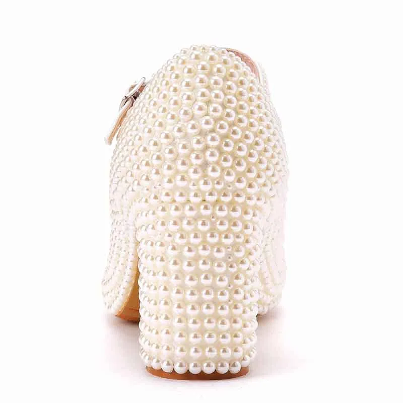 Women's Bridal Low Heel Closed Toe with Pearl Chunky Wedding Shoes