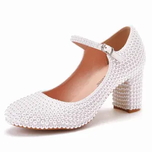 Women's Bridal Low Heel Closed Toe with Pearl Chunky Wedding Shoes