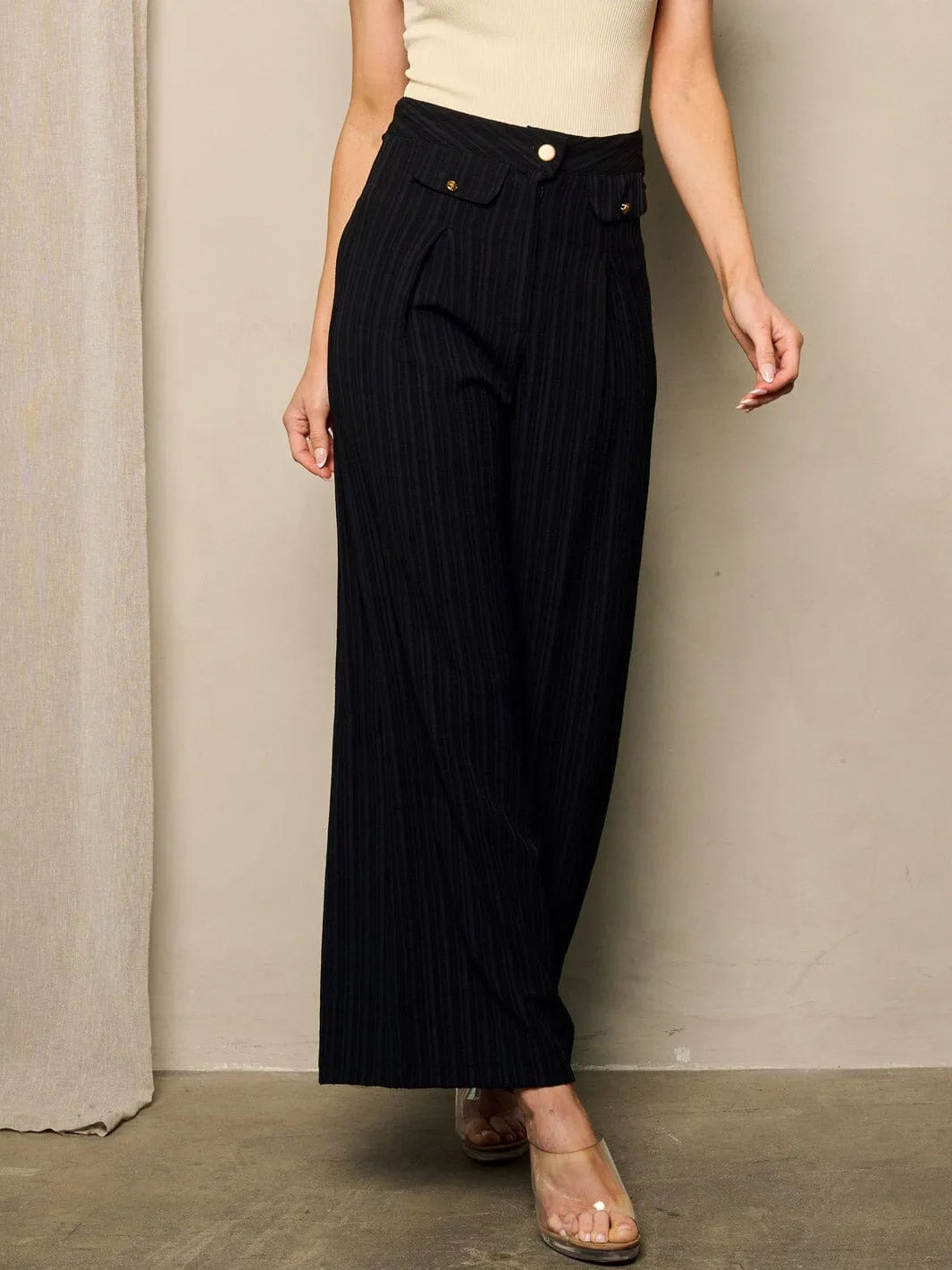 WOMEN'S BUTTON CLOSURE WIDE LEG DETAILED PANTS