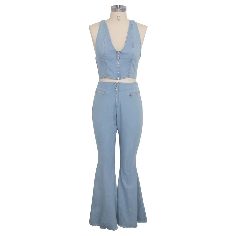 Womens Button Zipper Jeans Denim Flares Sexy Set Tops Pants Suit
