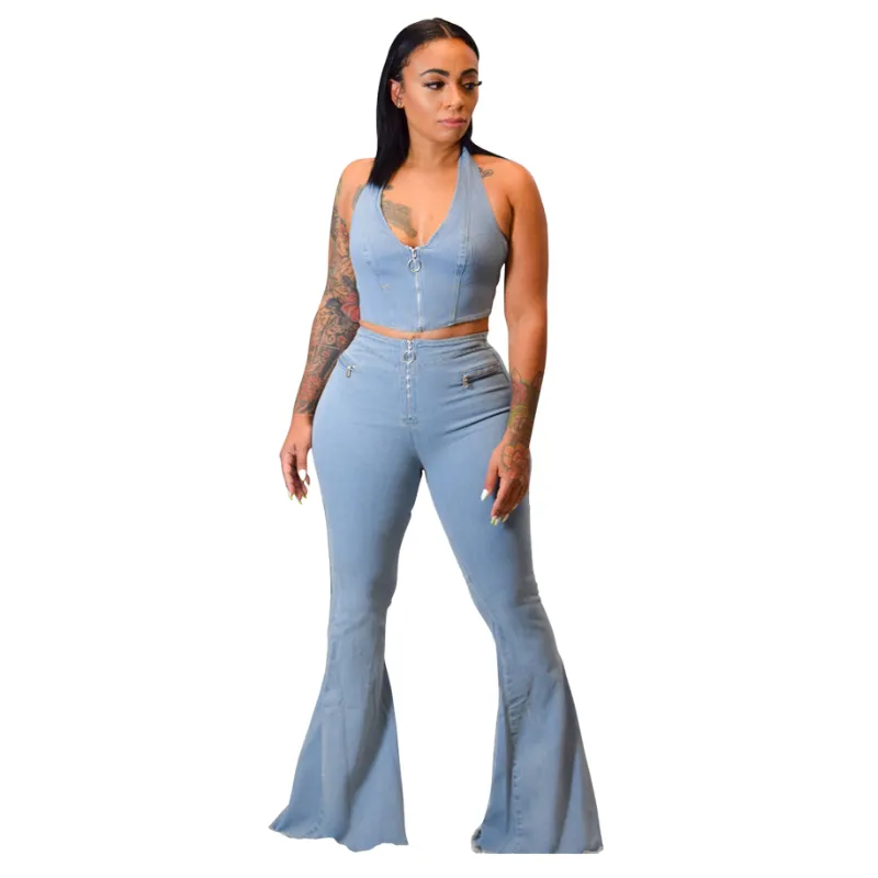 Womens Button Zipper Jeans Denim Flares Sexy Set Tops Pants Suit