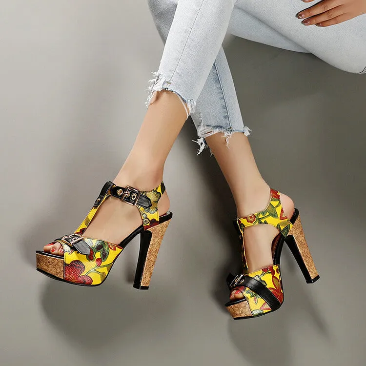 Women's Colorful Buckle T Ankle Strap Platform Chunky Heel Sandals