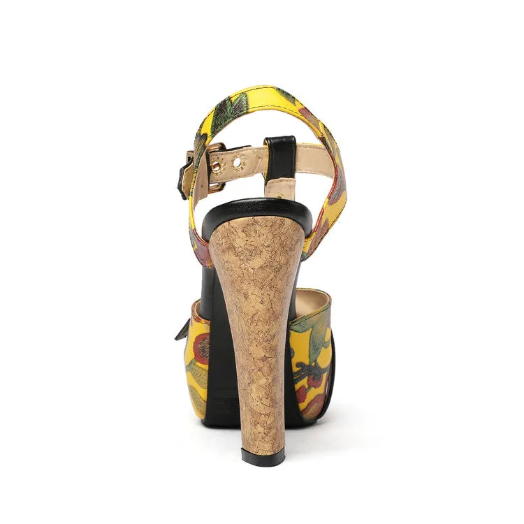 Women's Colorful Buckle T Ankle Strap Platform Chunky Heel Sandals