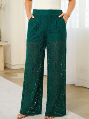 WOMEN'S ELASTIC WAIST POCKETS WIDE LEG LACE PANTS