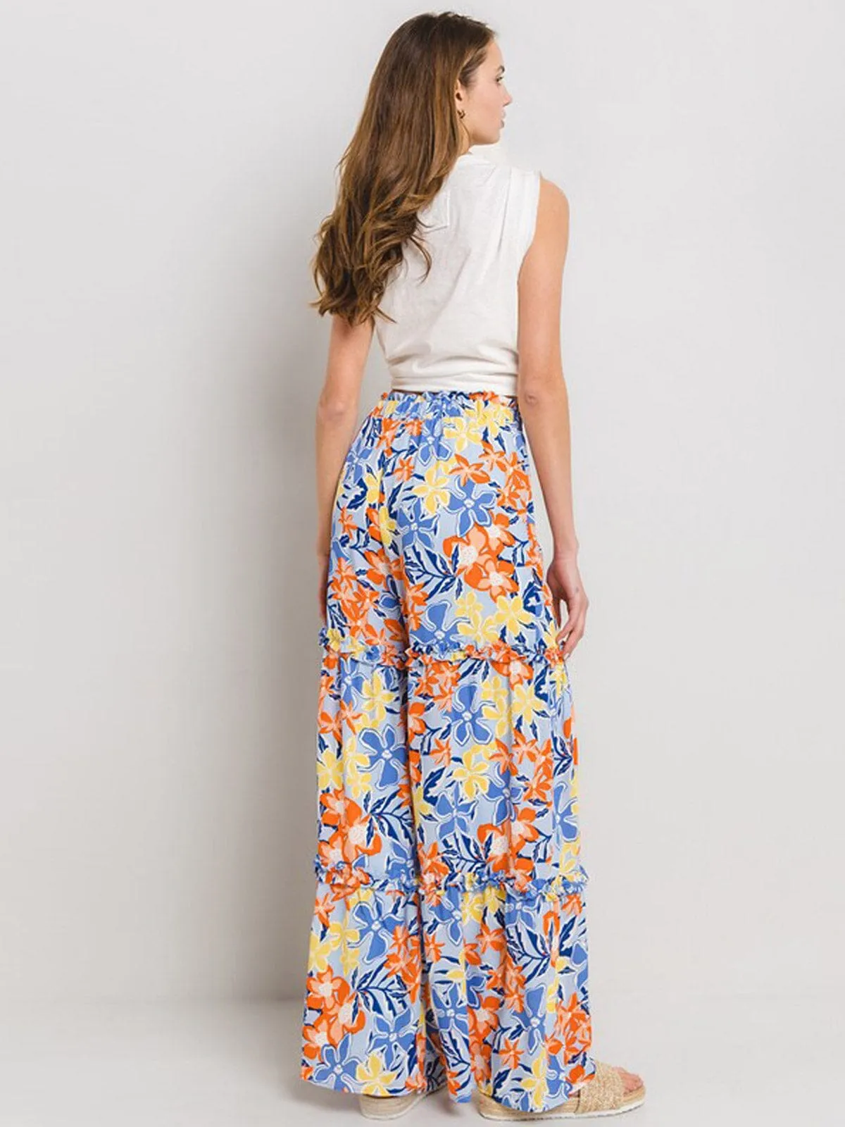 WOMEN'S ELASTIC WAIST TIERED WIDE LEG FLORAL PANTS