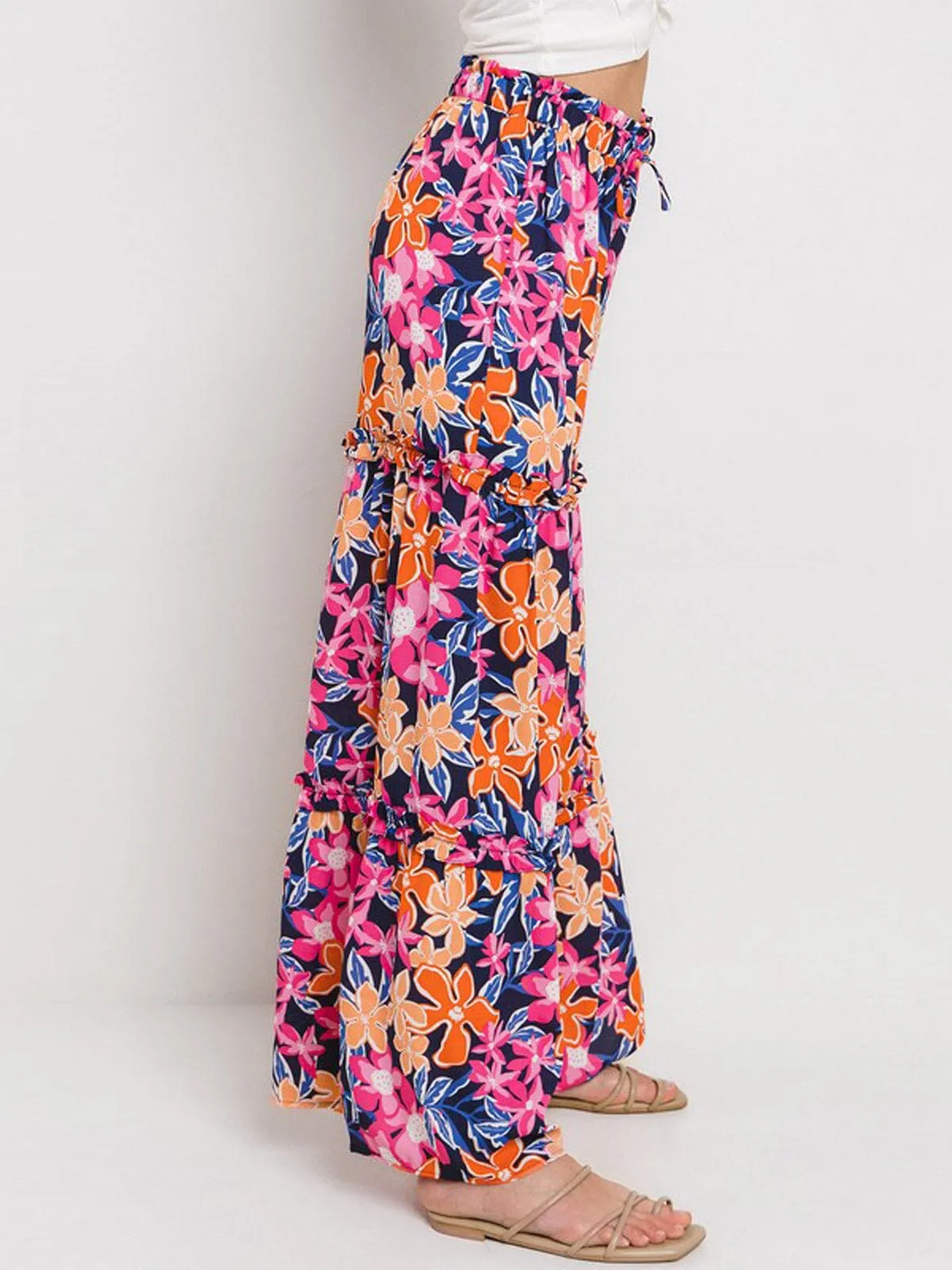 WOMEN'S ELASTIC WAIST TIERED WIDE LEG FLORAL PANTS
