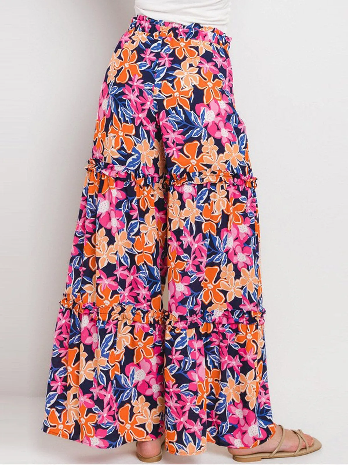 WOMEN'S ELASTIC WAIST TIERED WIDE LEG FLORAL PANTS