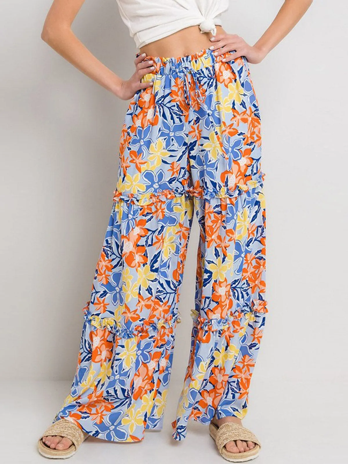 WOMEN'S ELASTIC WAIST TIERED WIDE LEG FLORAL PANTS