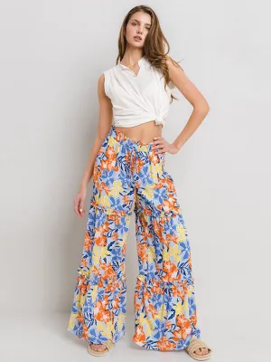 WOMEN'S ELASTIC WAIST TIERED WIDE LEG FLORAL PANTS