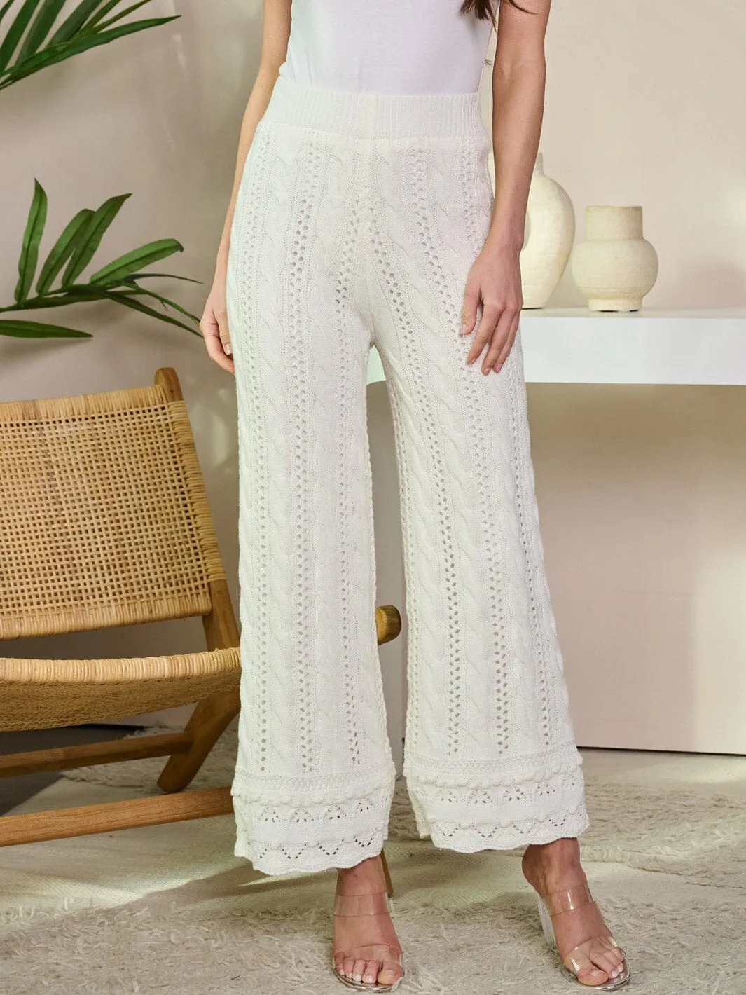 WOMEN'S ELASTIC WAIST WIDE LEG KNIT PANTS