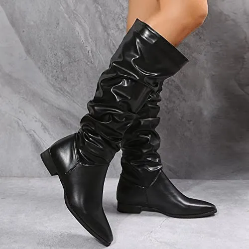 Women's Knee High Fold over Wedge Heel Long Shark Boots Pull on Pointed Toe Shoes Stretchy Fashion Chunky Heel Boots