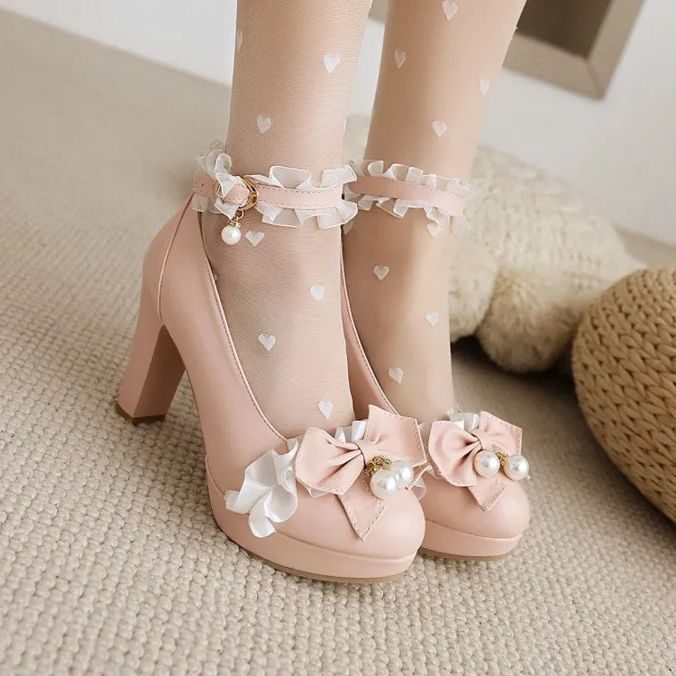 Women's Lace Platform Pumps Mary Janes Shoes with Bowtie