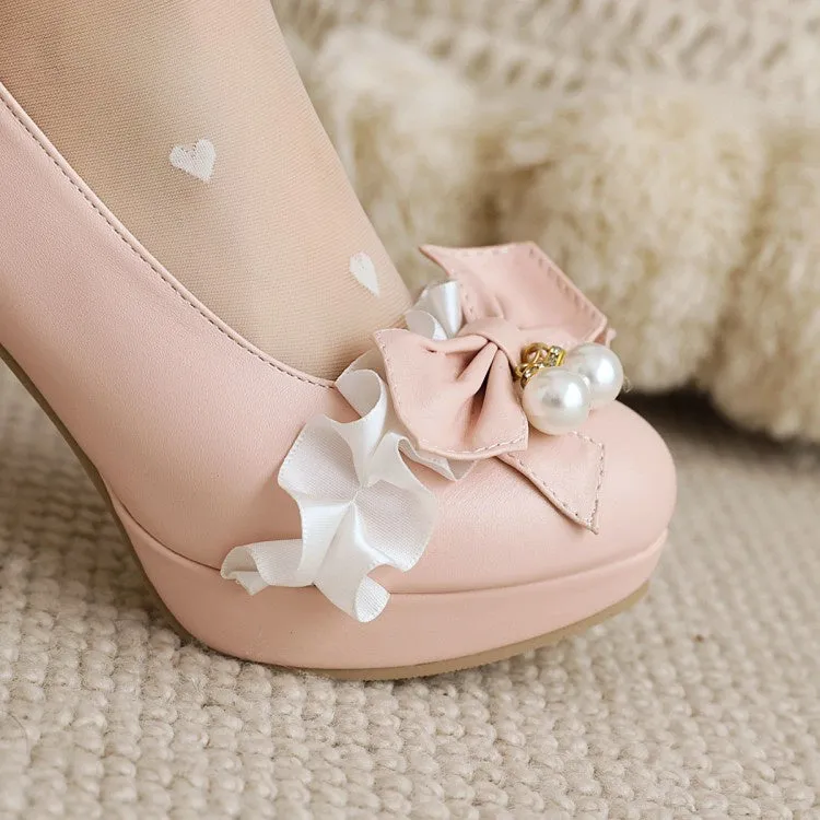 Women's Lace Platform Pumps Mary Janes Shoes with Bowtie