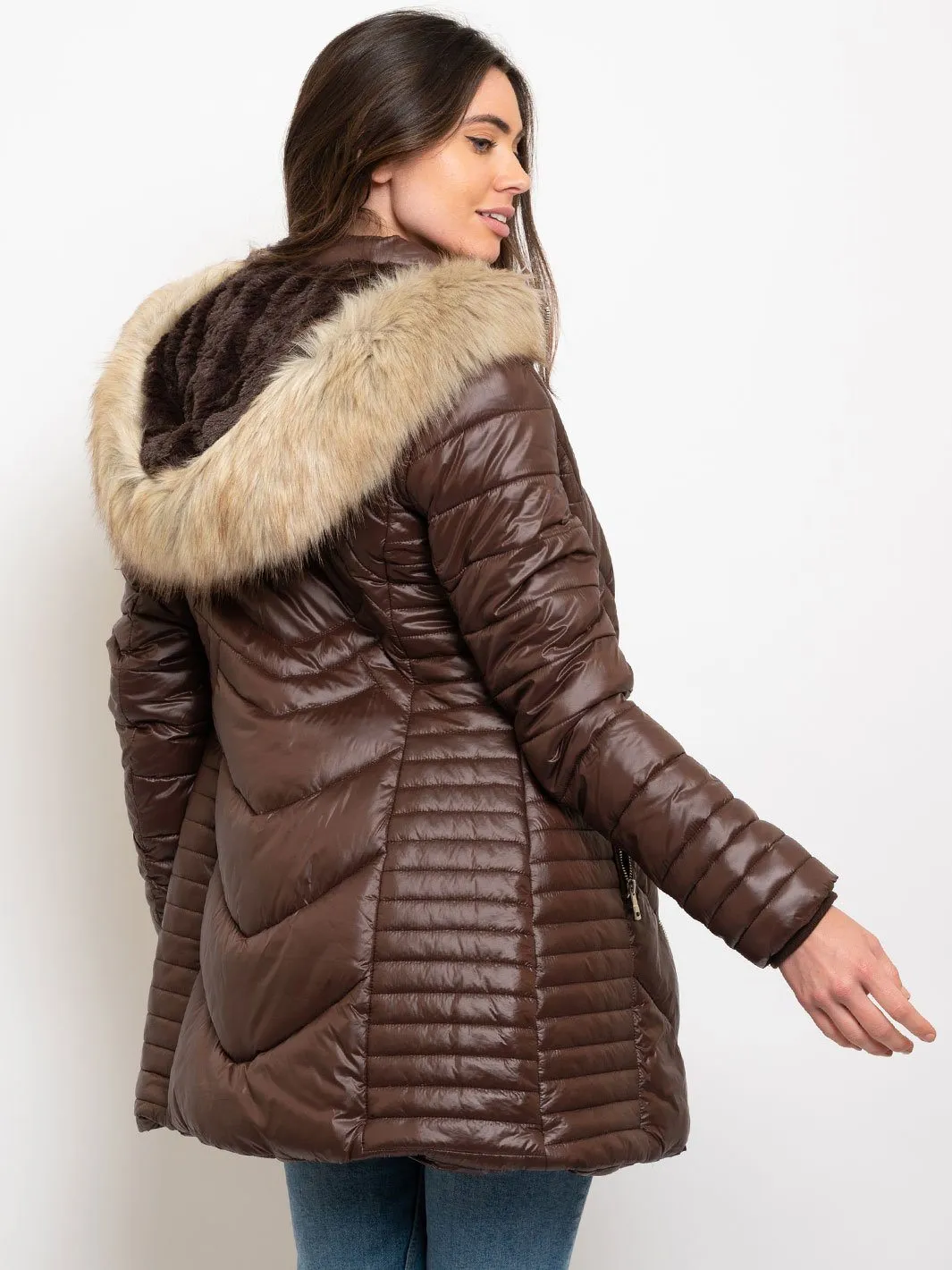 WOMEN'S LONG HOODED FAUX FUR LINED QUILTED JACKET