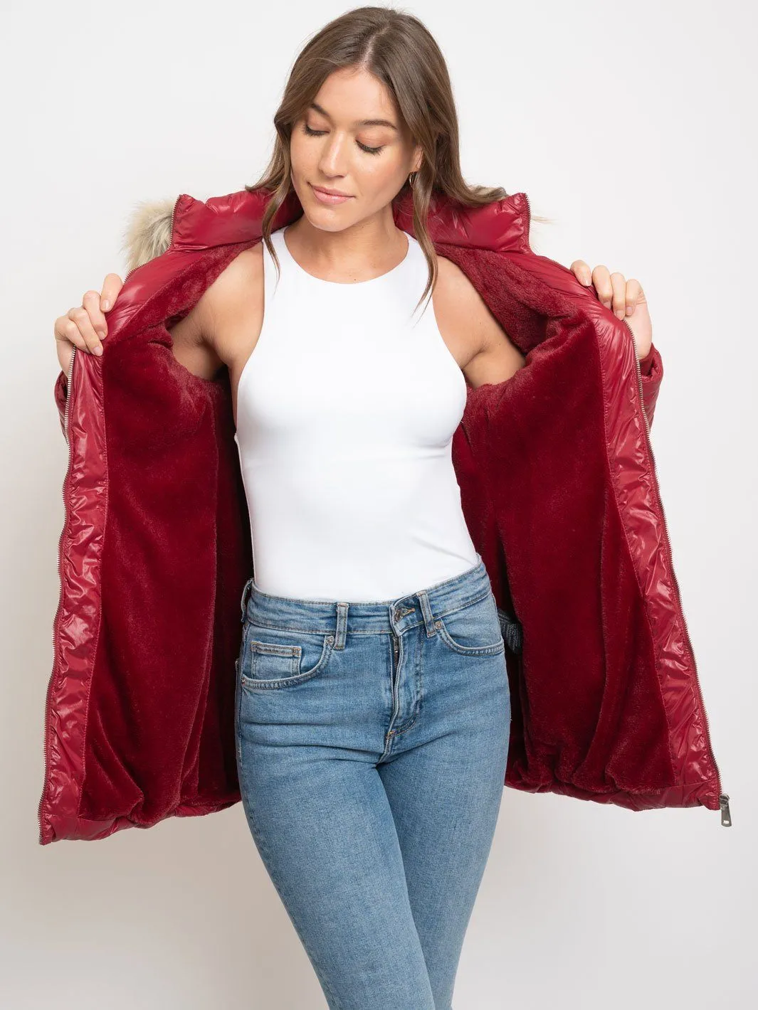 WOMEN'S LONG HOODED FAUX FUR LINED QUILTED JACKET