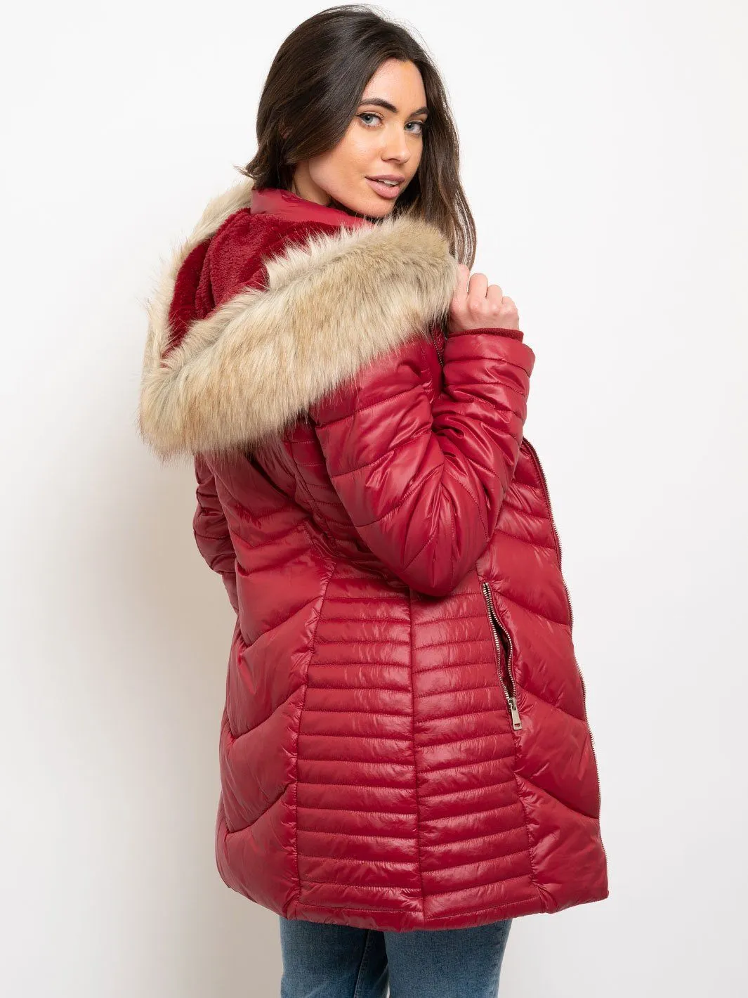 WOMEN'S LONG HOODED FAUX FUR LINED QUILTED JACKET