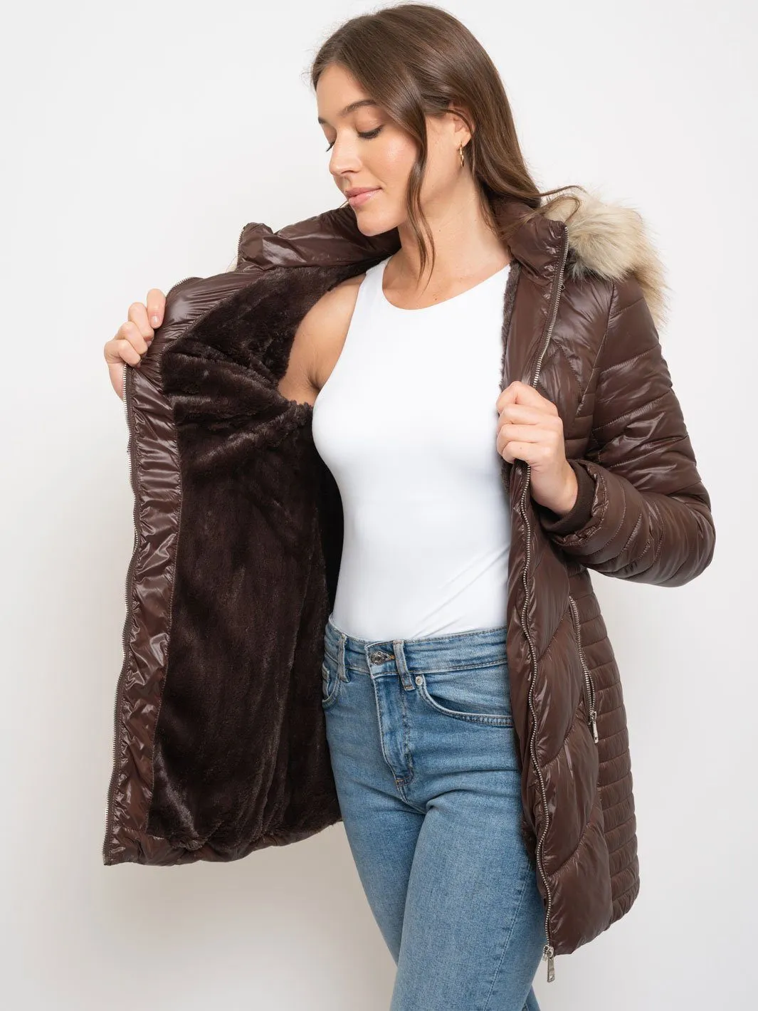 WOMEN'S LONG HOODED FAUX FUR LINED QUILTED JACKET