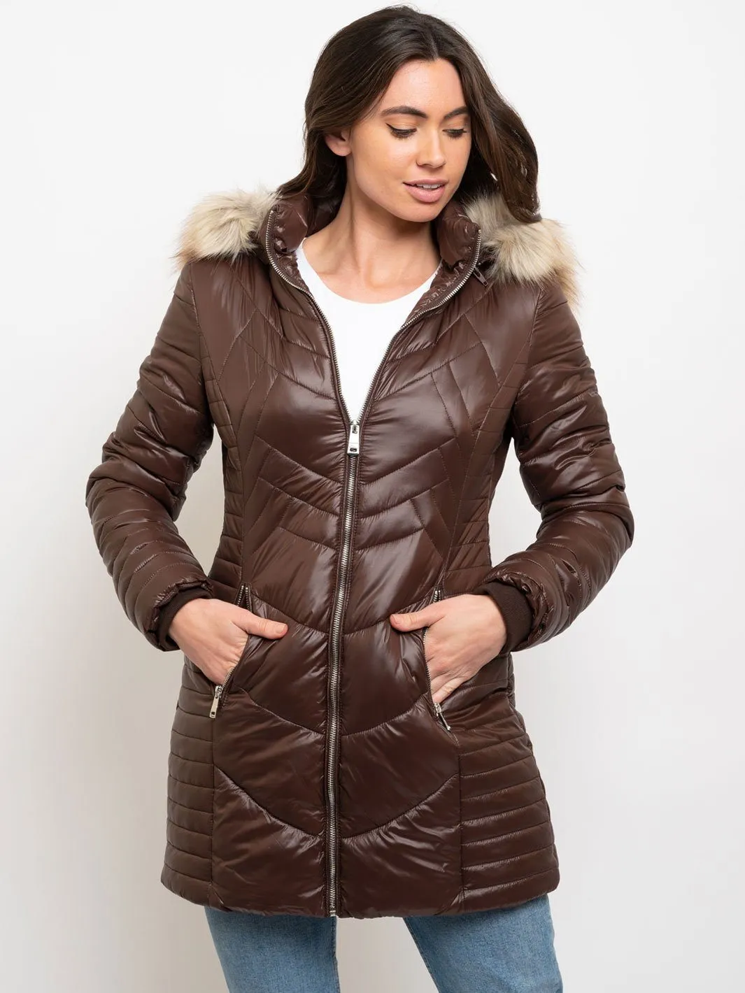 WOMEN'S LONG HOODED FAUX FUR LINED QUILTED JACKET