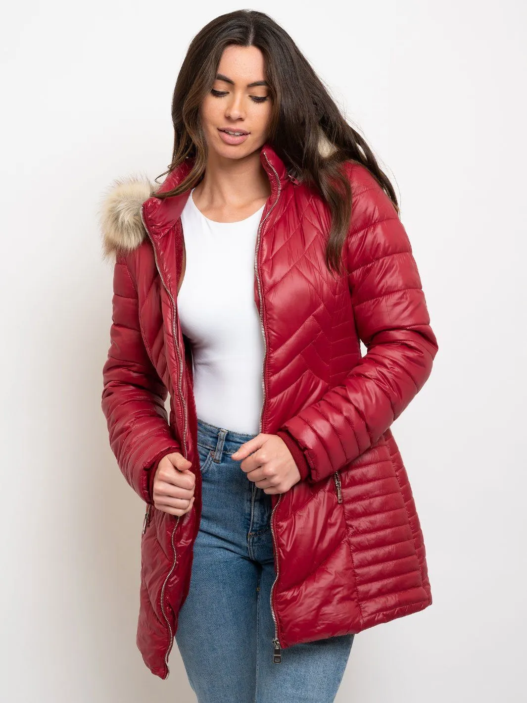 WOMEN'S LONG HOODED FAUX FUR LINED QUILTED JACKET