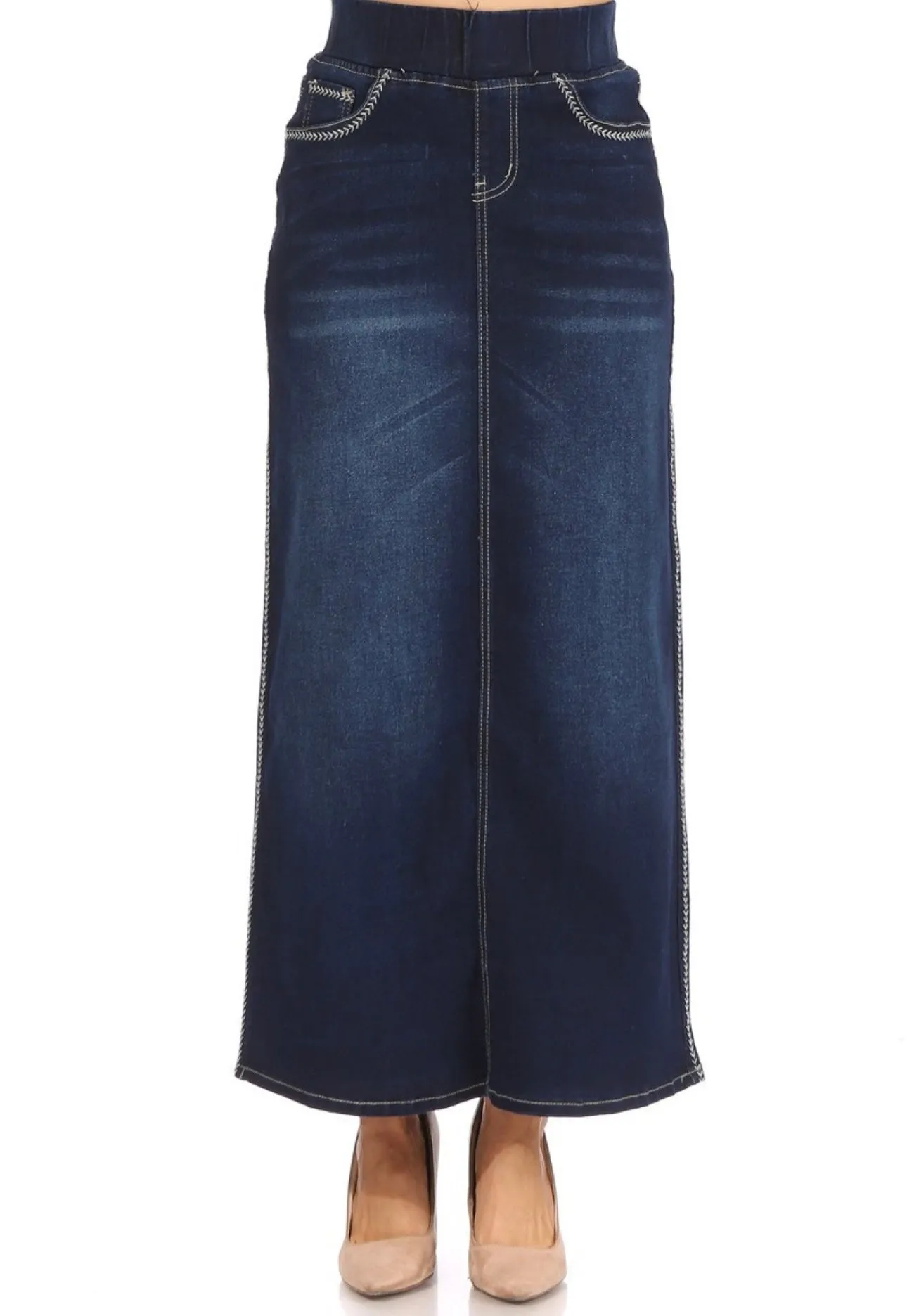 Women’s Long Modest Denim Maxi Skirt Dark Indigo Blue with elastic waist