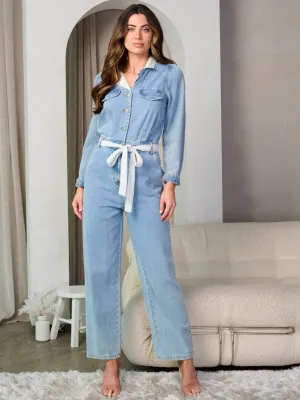 WOMEN'S LONG SLEEVE BUTTON UP POCKETS DENIM JUMPSUIT